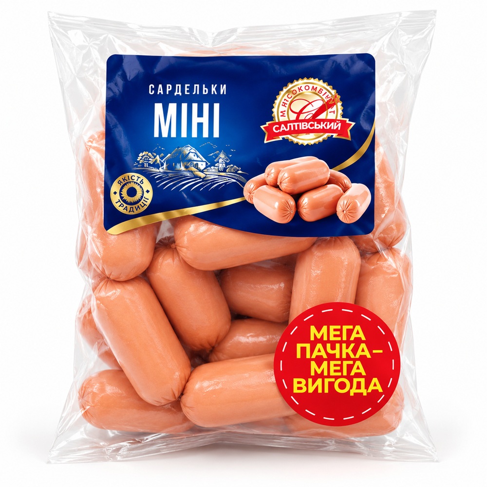 Brühworstjes "Mini", Oekraïense stijl, van varkensvlees, fijngehakt, bevat toegevoegd water, met rundvlees- en boteraroma.