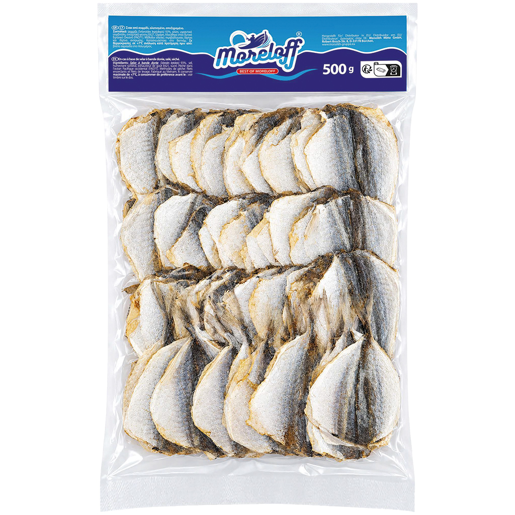 MORELOFF Snack van goudband-selar, gezouten, gedroogd.