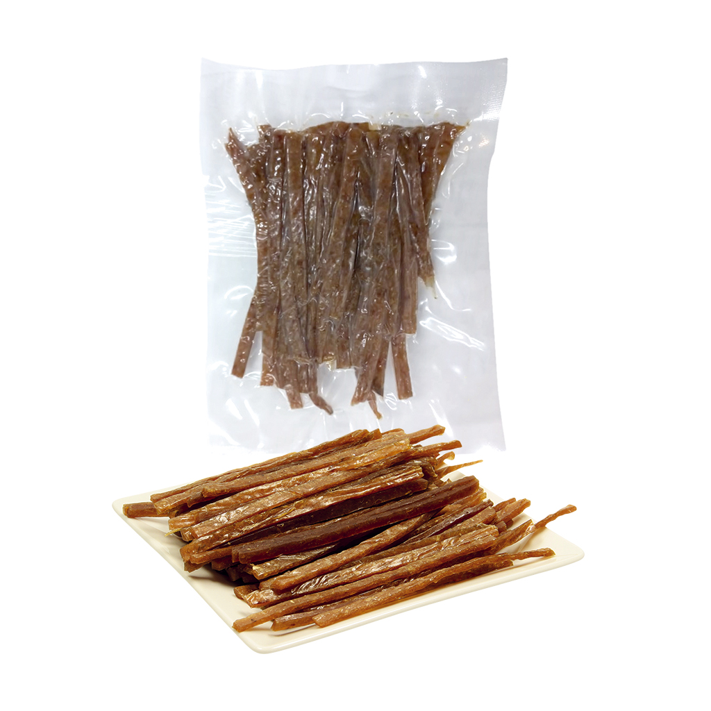 Snack van brasem, in reepjes, gezouten en gedroogd, ontdooid / los.