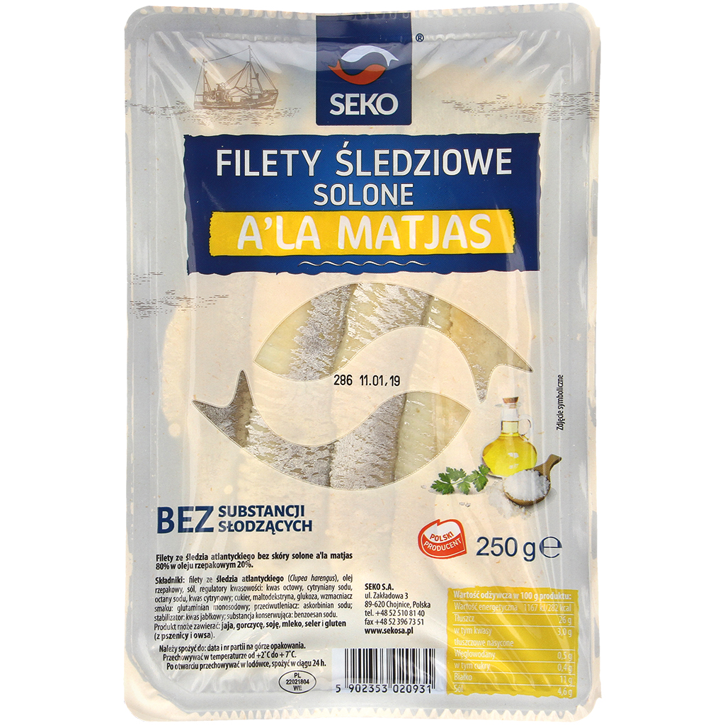 Haringfilets (Clupea harengus) zonder huid, op Matjeswijze gezouten (80%), in raapzaadolie (20%).