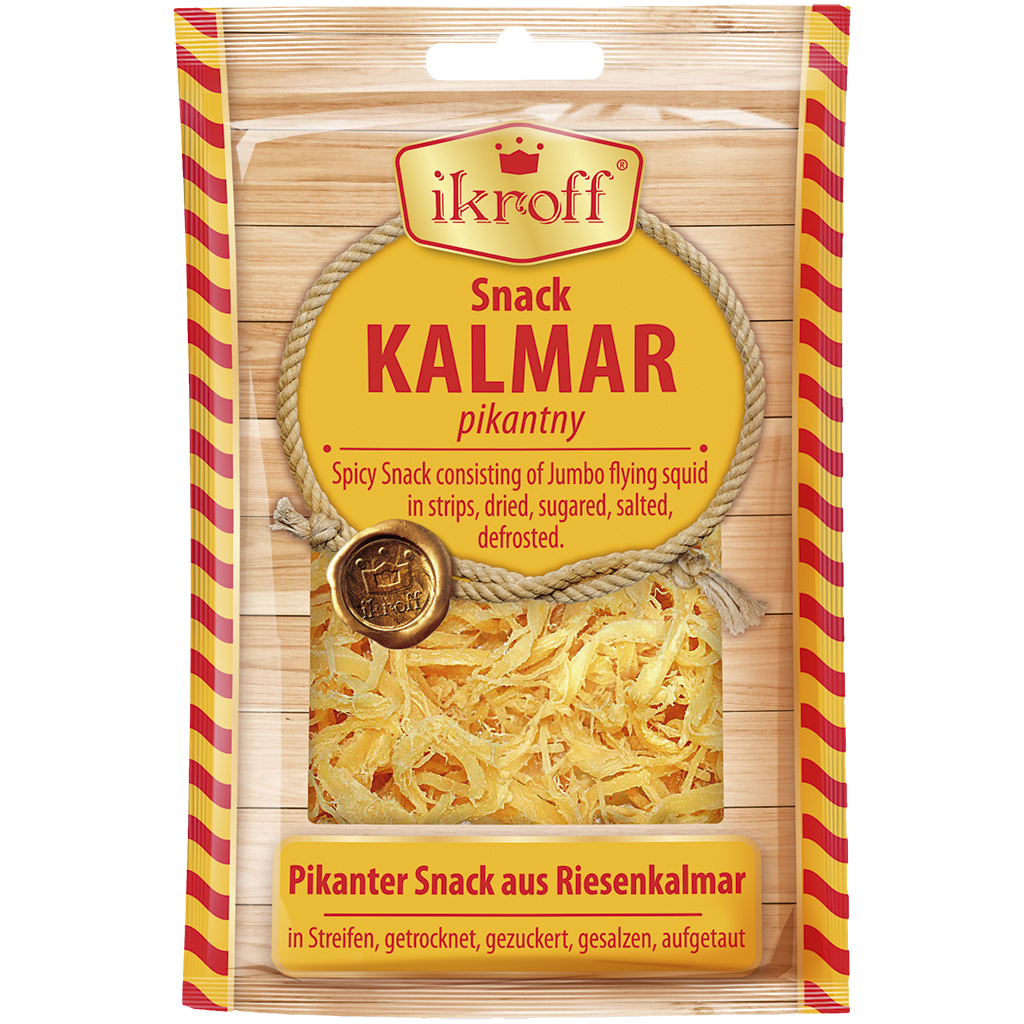 Pittige snack van enorme inktvis in reepjes, gezout, gedroog