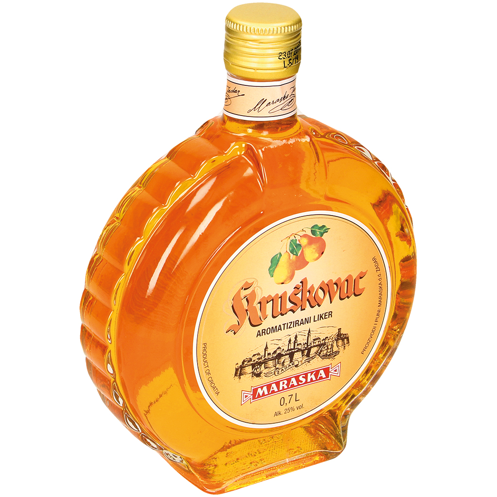 Likeur "Kruskovac" met perensmaak. Geparfumeerd. Met kleurstof.