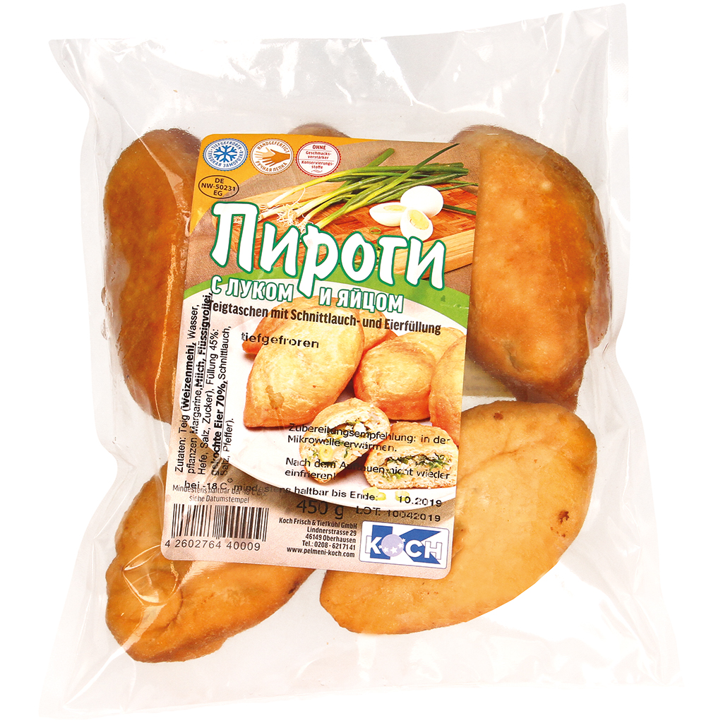 Deegwaren "Pirogi" met bieslook en ei-vulling, diepgevroren