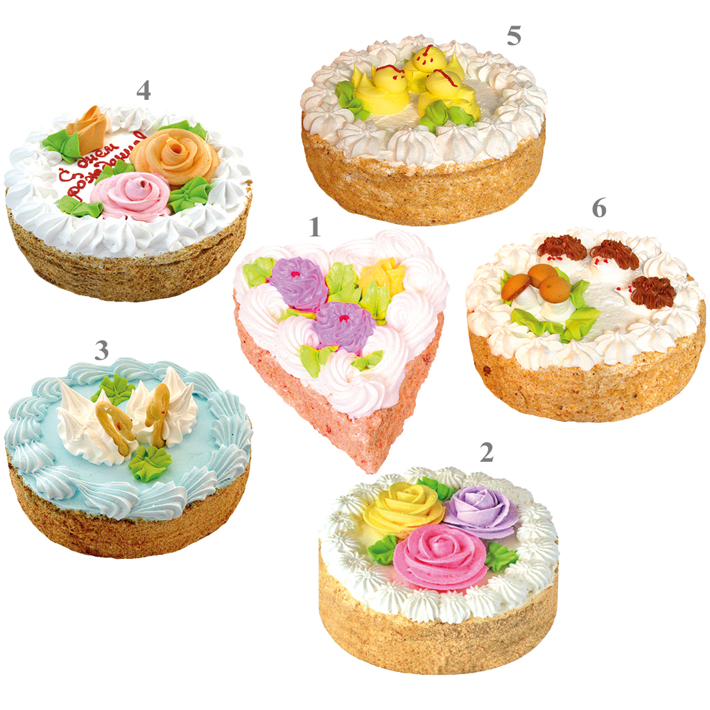 Biscuittaart met eiwitschuim "Metschta", verschillende motieven