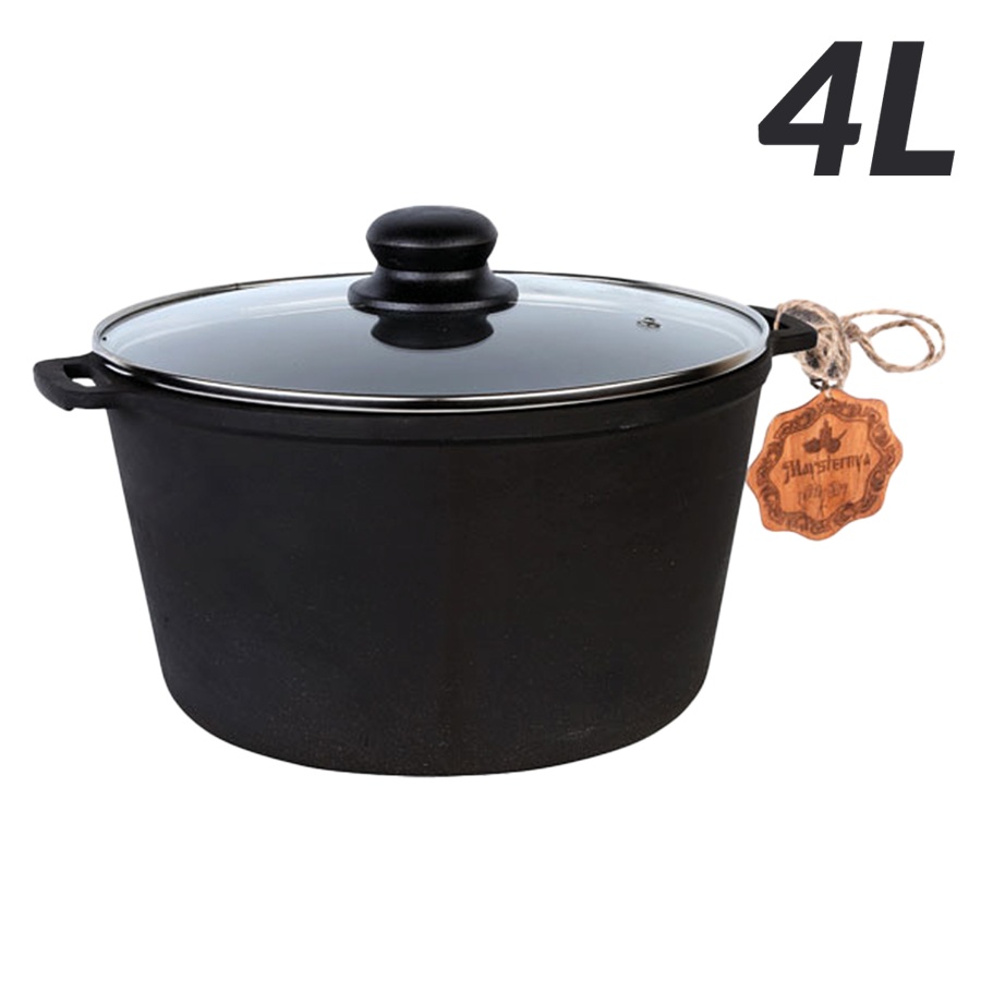 Gietijzeren kookpan met glazen deksel, 4 L