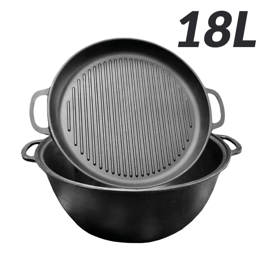 Oezbeekse ketel "Kasan" van gietijzer met grillpan-deksel, 18 L