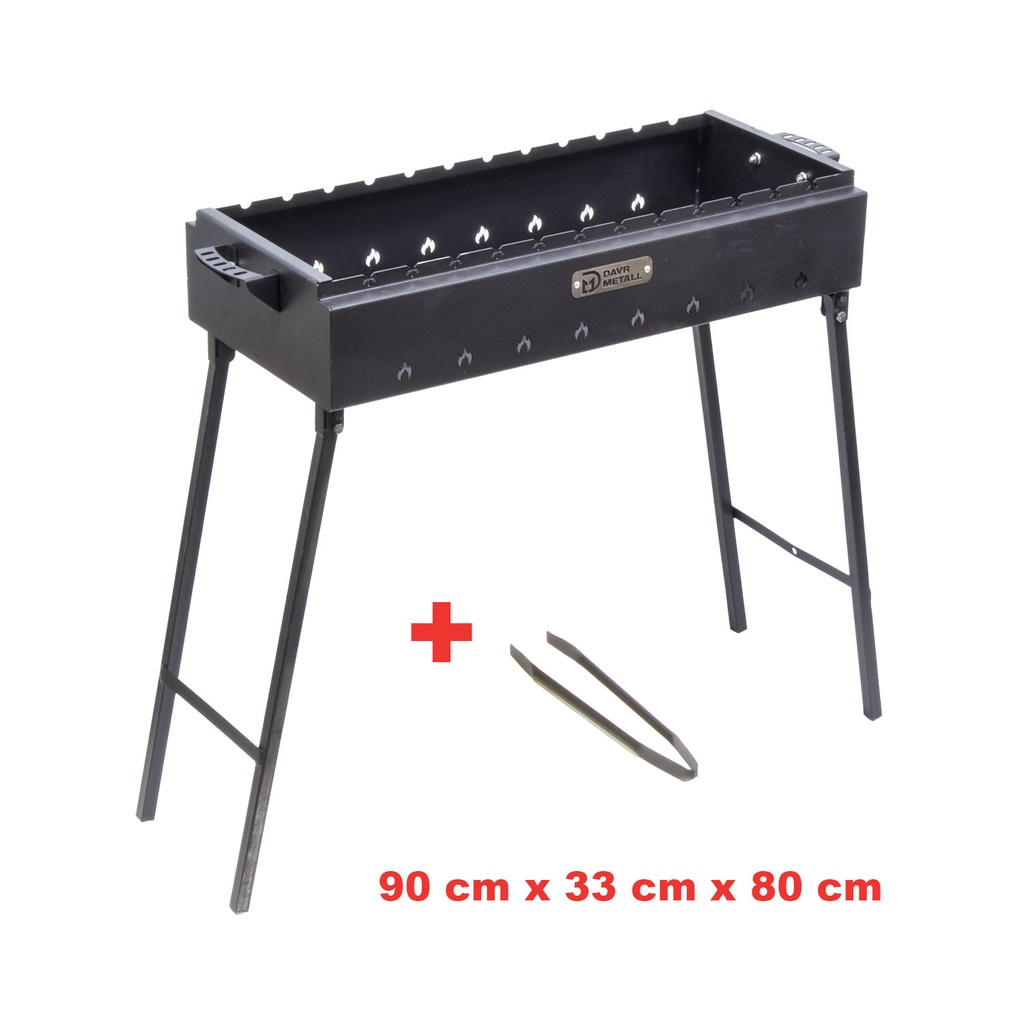 Grill met opvouwbare poten en tang, HLB: 90x33x80 cm, staal 2 mm