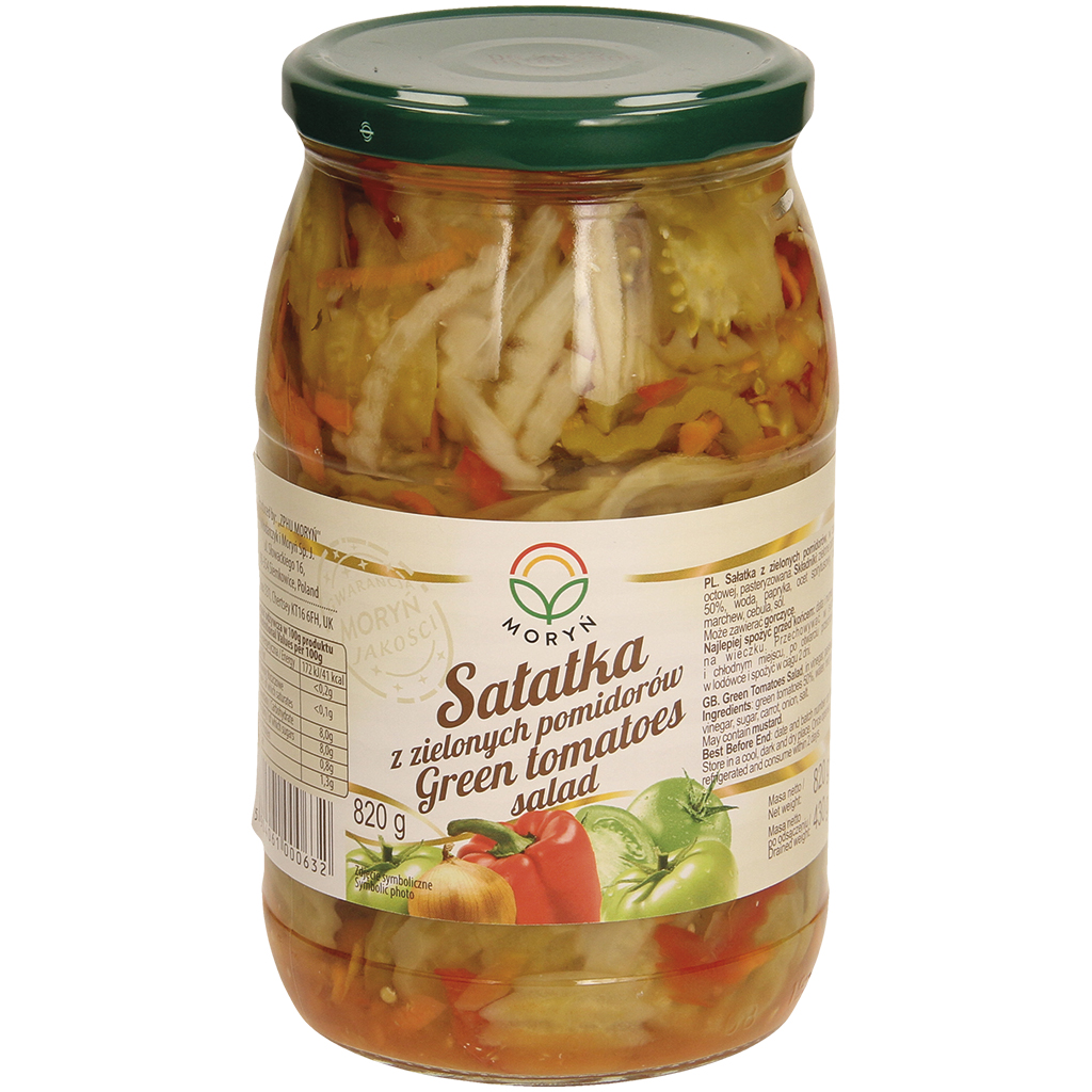 "Salade van groene tomaten" – Ingelegde groene tomaten in plakjes, met paprika, wortelen en uien. Gepasteuriseerd.