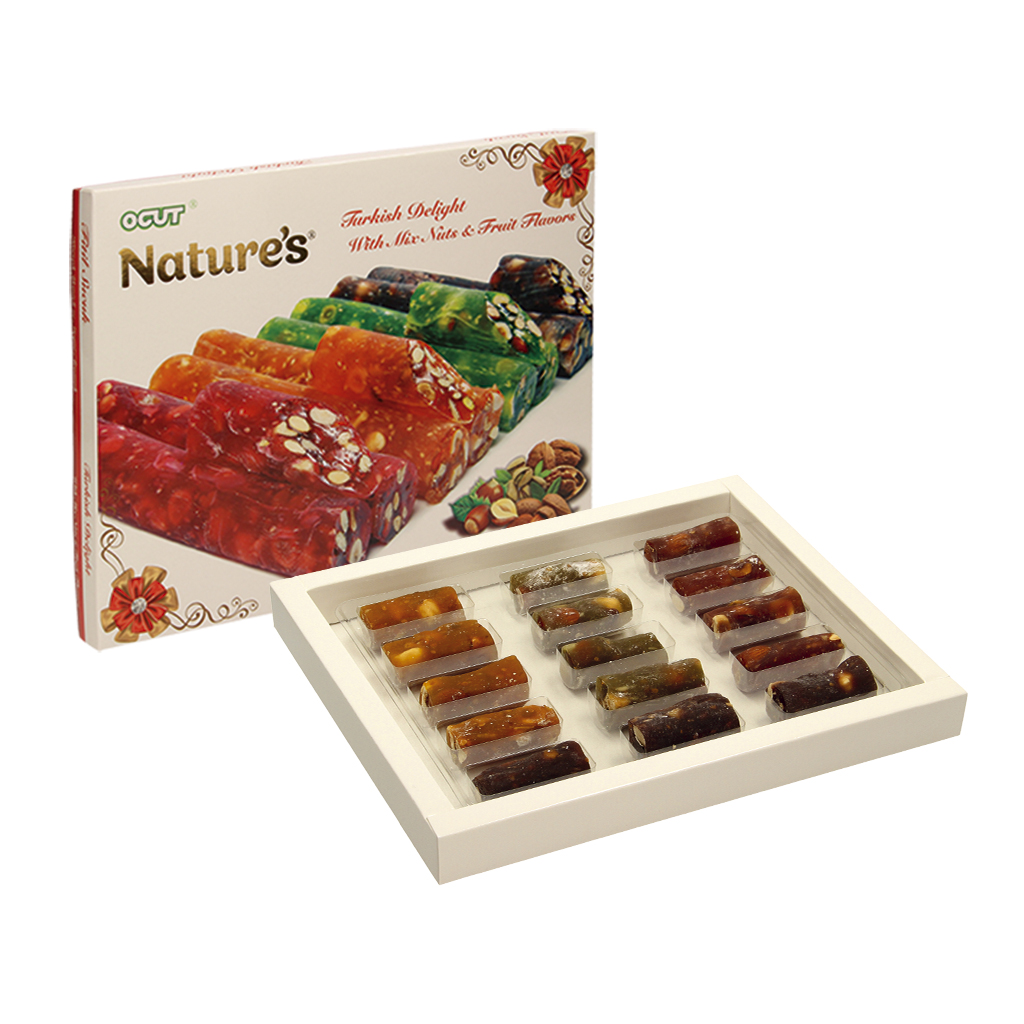 Turkse gelei snoepmix "Lokum" met sinaasappel- en granaatappelsmaak, verschillende noten en sesam.