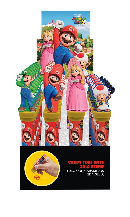 Stempel "Super Mario" met dragééde gelei-bonbons, toonbankdisplay, 24 stuks.