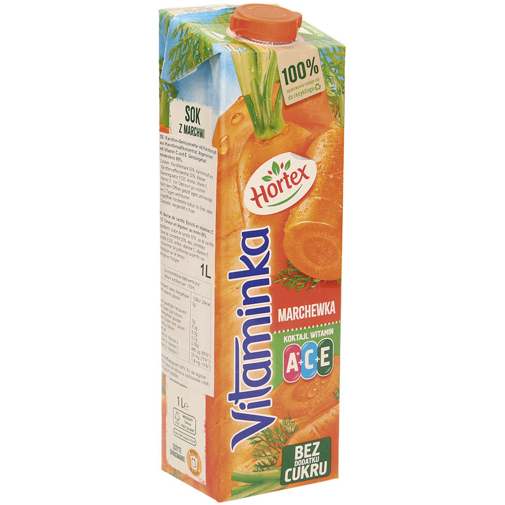 Wortelgroentene nectar met wortelsap uit wortelsapconcentraat. Verrijkt met vitamine C en E. Groentengehalte: minimaal 80%.