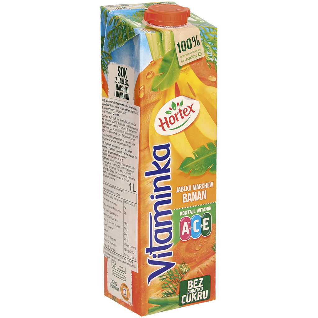 Aromatiseerde drank met appelsap uit appelsapconcentraat en wortel-, appel- en bananenpuree. Verrijkt met vitamine C en E.