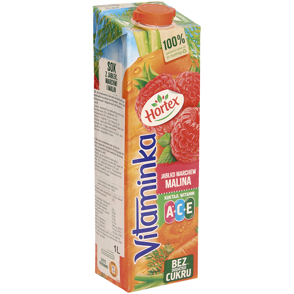 Aromatiseerde drank met appelsap uit appelsapconcentraat en wortel-, appel- en frambozenpuree. Verrijkt met vitamine C en E.