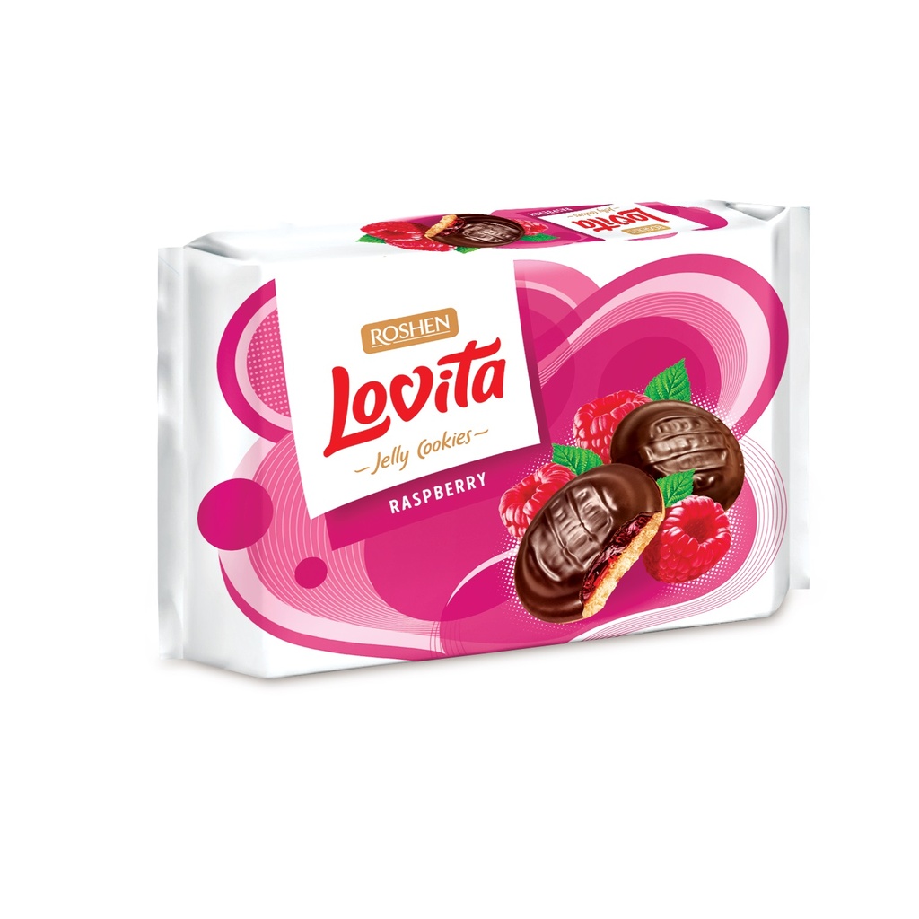 Koekjes "Lovita Jelly Cookies Framboos" met frambozengelei vulling, met cacao-glazuur