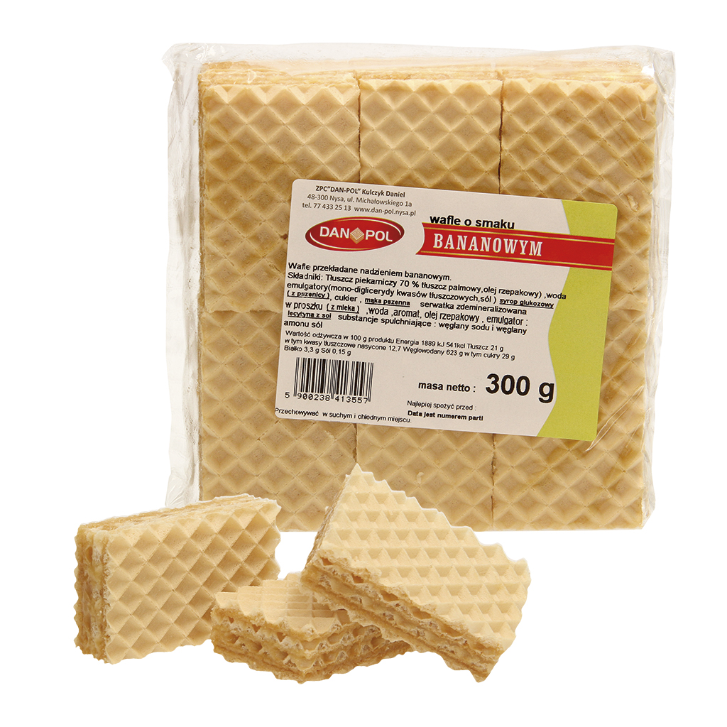 "Wafle przekladane nadzieniem bananowym" – Вафли с 77% кремовой начинкой с банановым вкусом