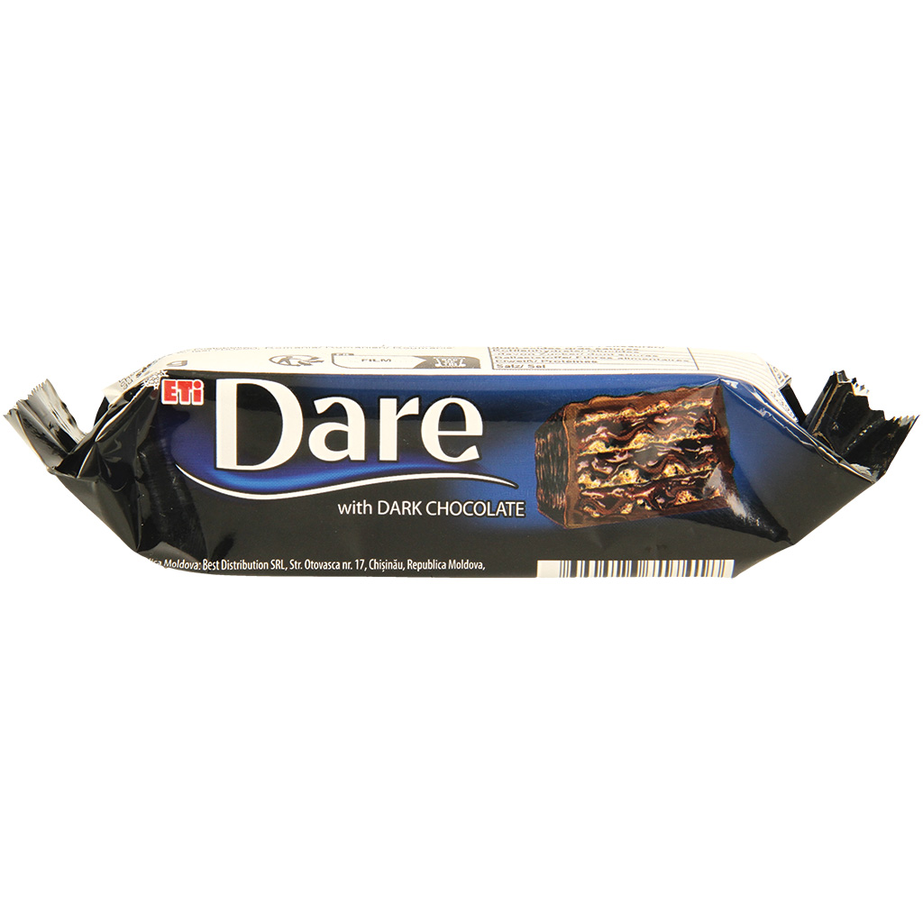 "Eti Dare Dark" - Вафельный батончик с какао-кремом (64,4%) в шоколадной глазури (28,4%). Помимо масла какао, шоколад содержит и другие растительные жиры.