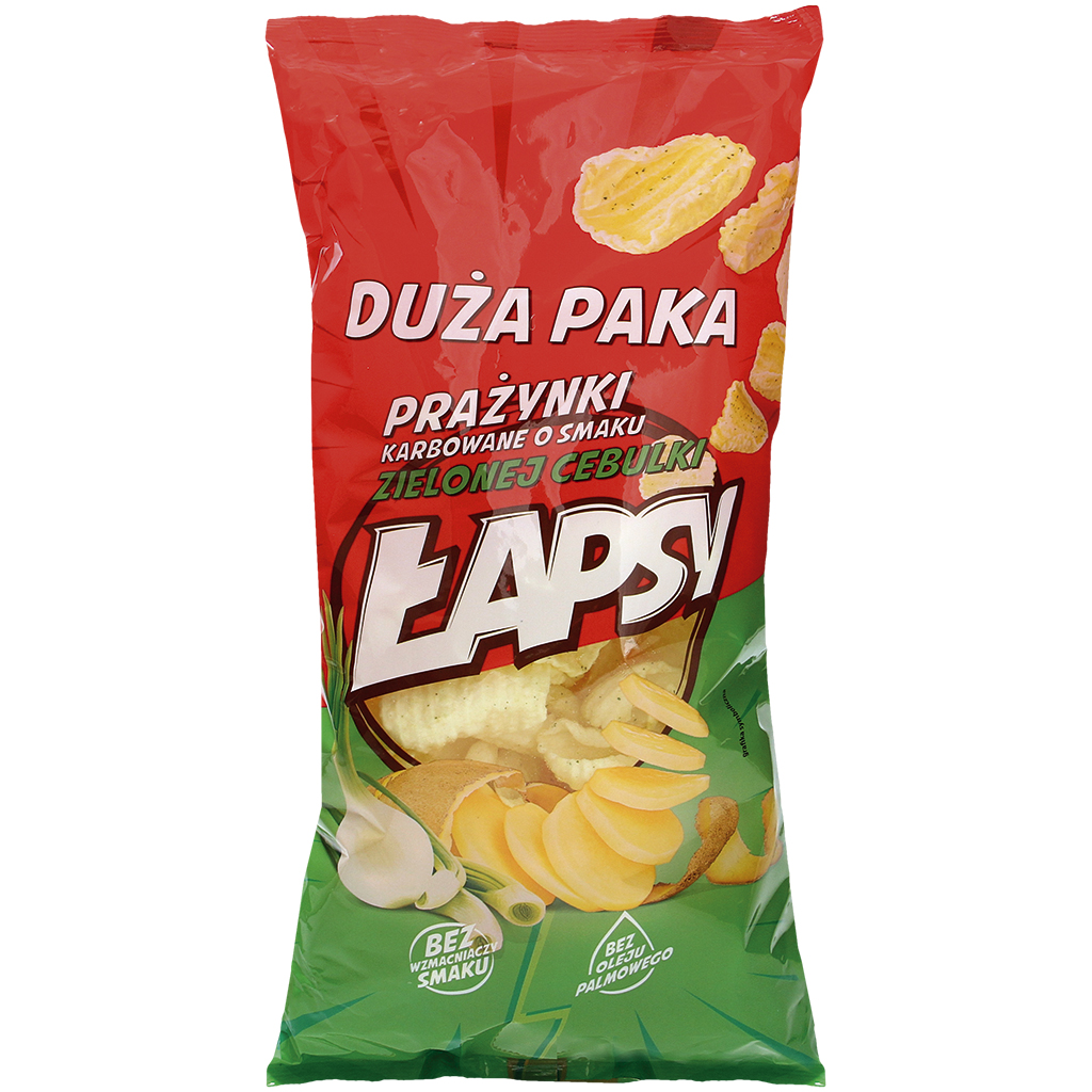 LAPSY Prazynki gekartelde snacks met de smaak van groene ui. Kartoffelsnacks met de smaak van groene uien.