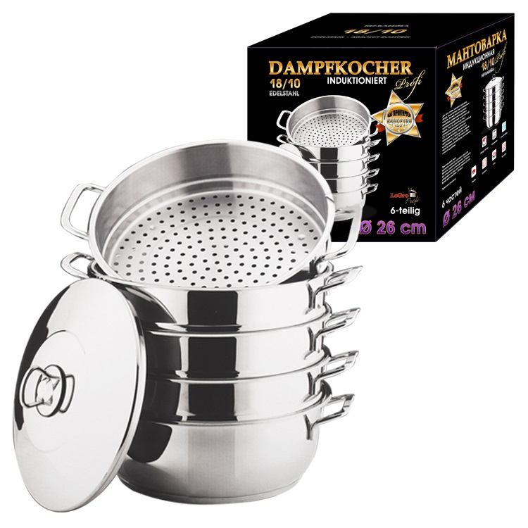 Stoomkoker 26cm, 6-delig, RVS 18/10, met metalen handgrepen