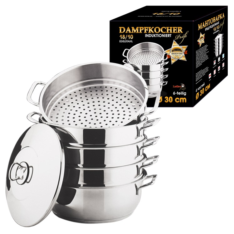 Stoomkoker 30cm, 6-delig, RVS 18/10, met metalen handgrepen