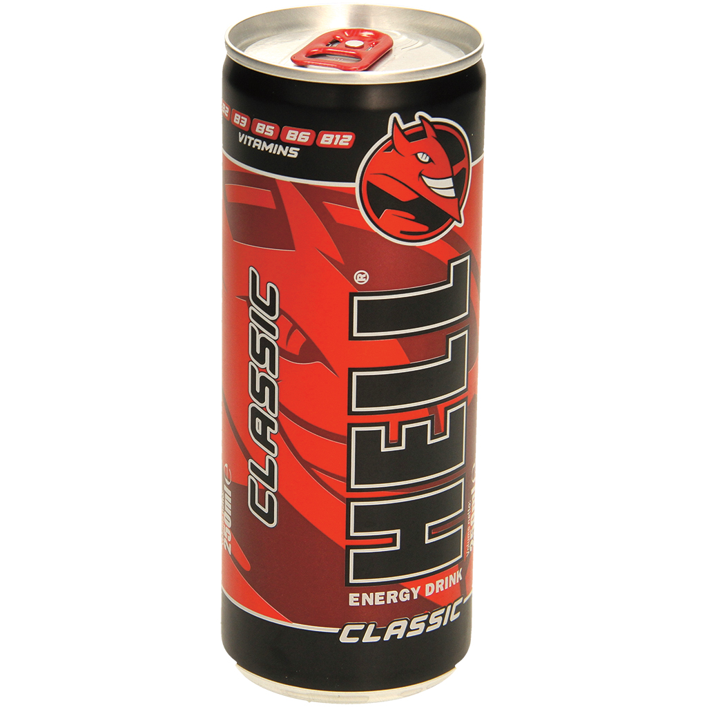 Koffeinhoudende verfrissende drank met taurine en vitamines "Hell"
