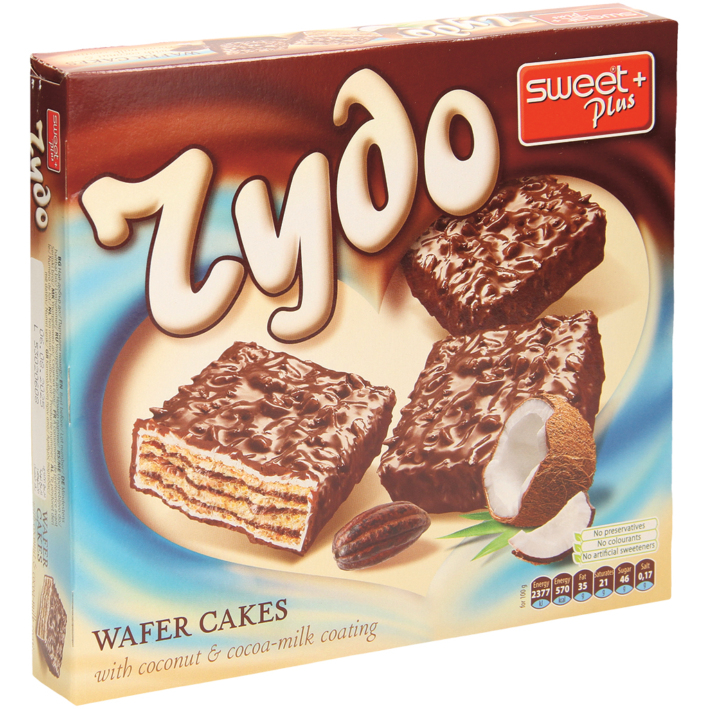 Wafeltaartjes met 30,4% cacao- en kokosnootcrème, bestrooid met 6% kokosrasp, omhuld met 31% cacaohoudende vetglazuur.