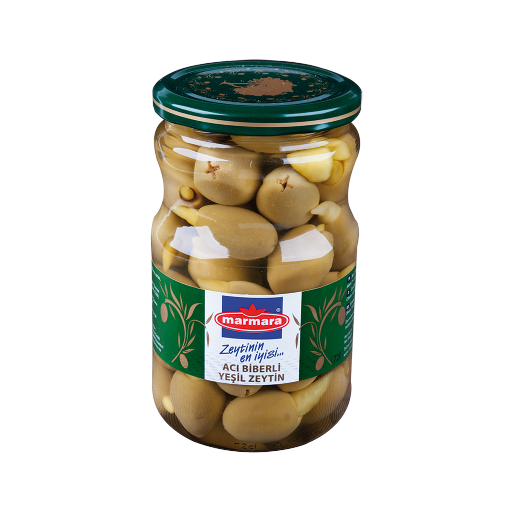 GROENE OLIVEN, gevuld met pittige peperoni