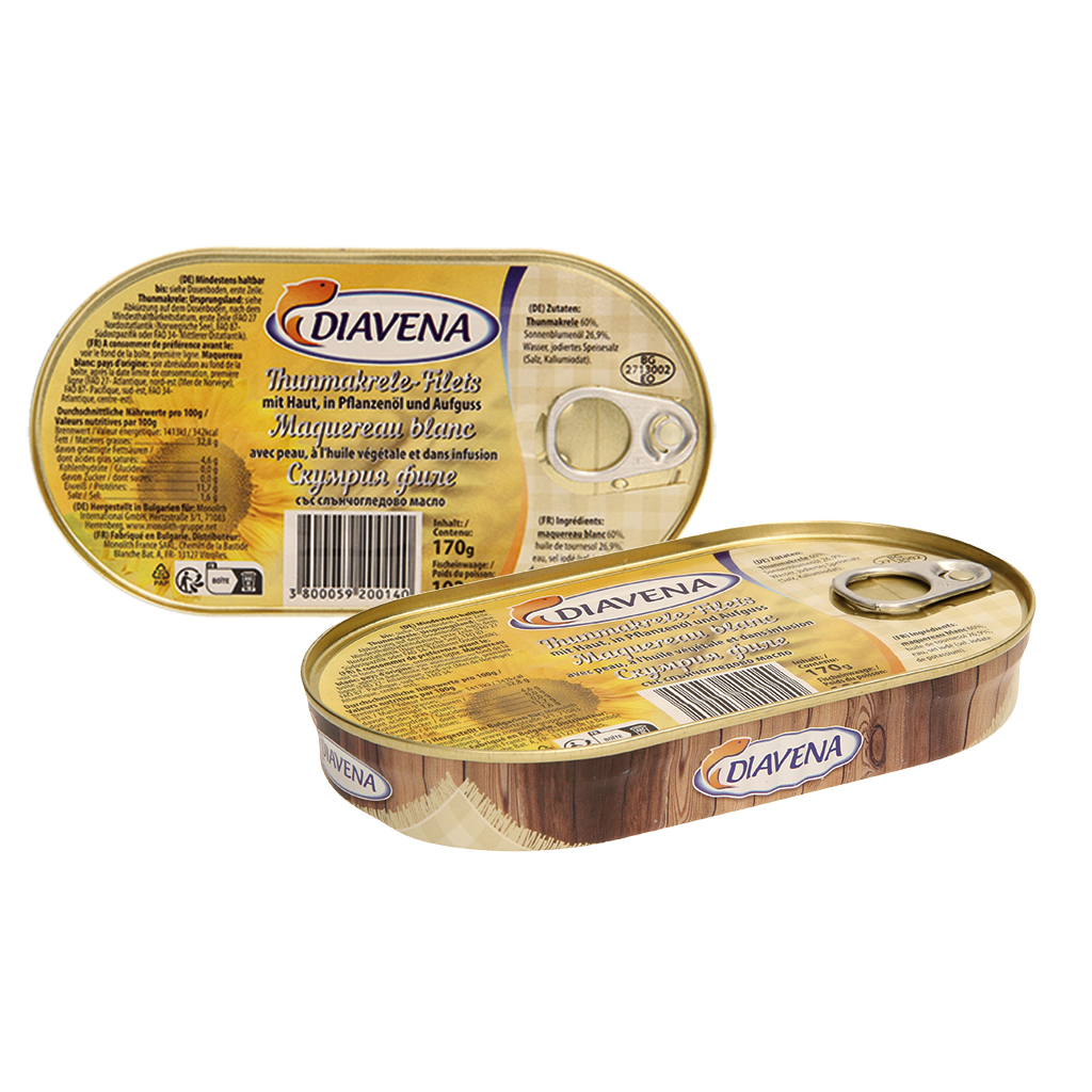 Tonijnfilets met huid, in plantaardige olie en opgiet.