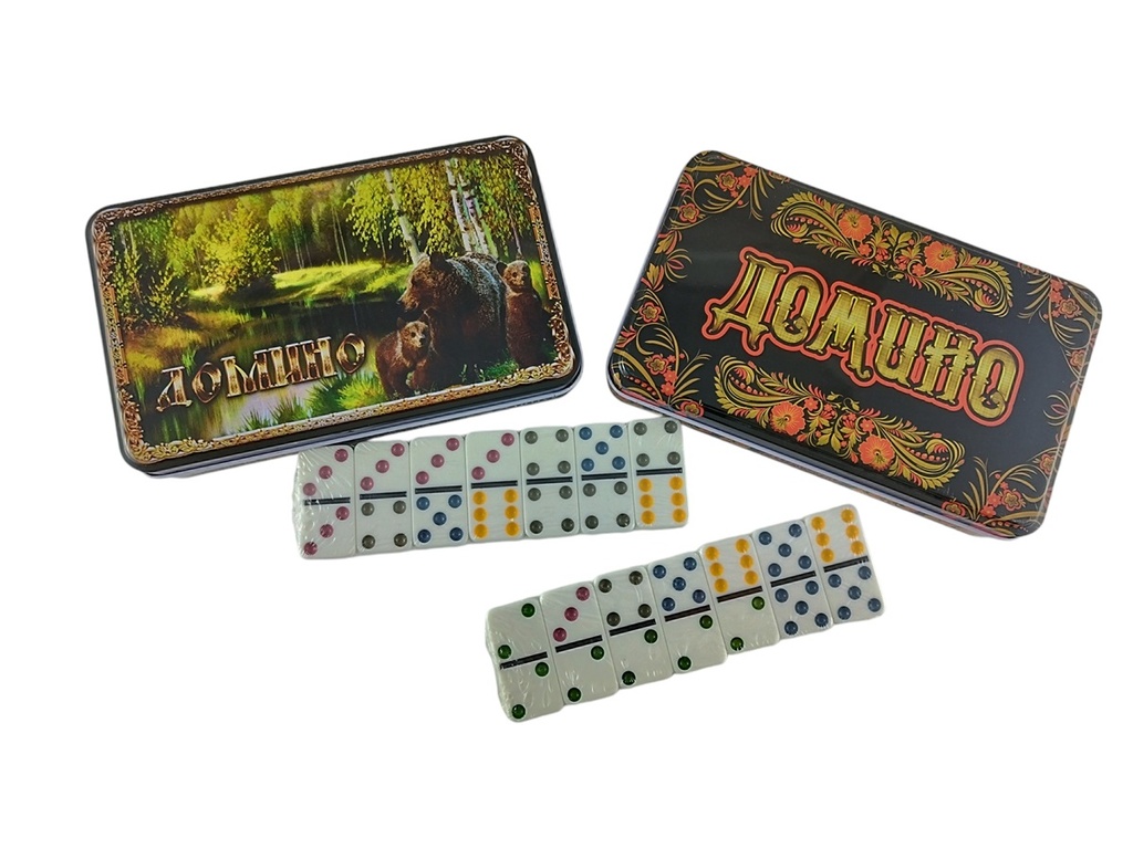 Gezelschapsspel "Domino" in metalen geschenkdoos, verschillende motieven