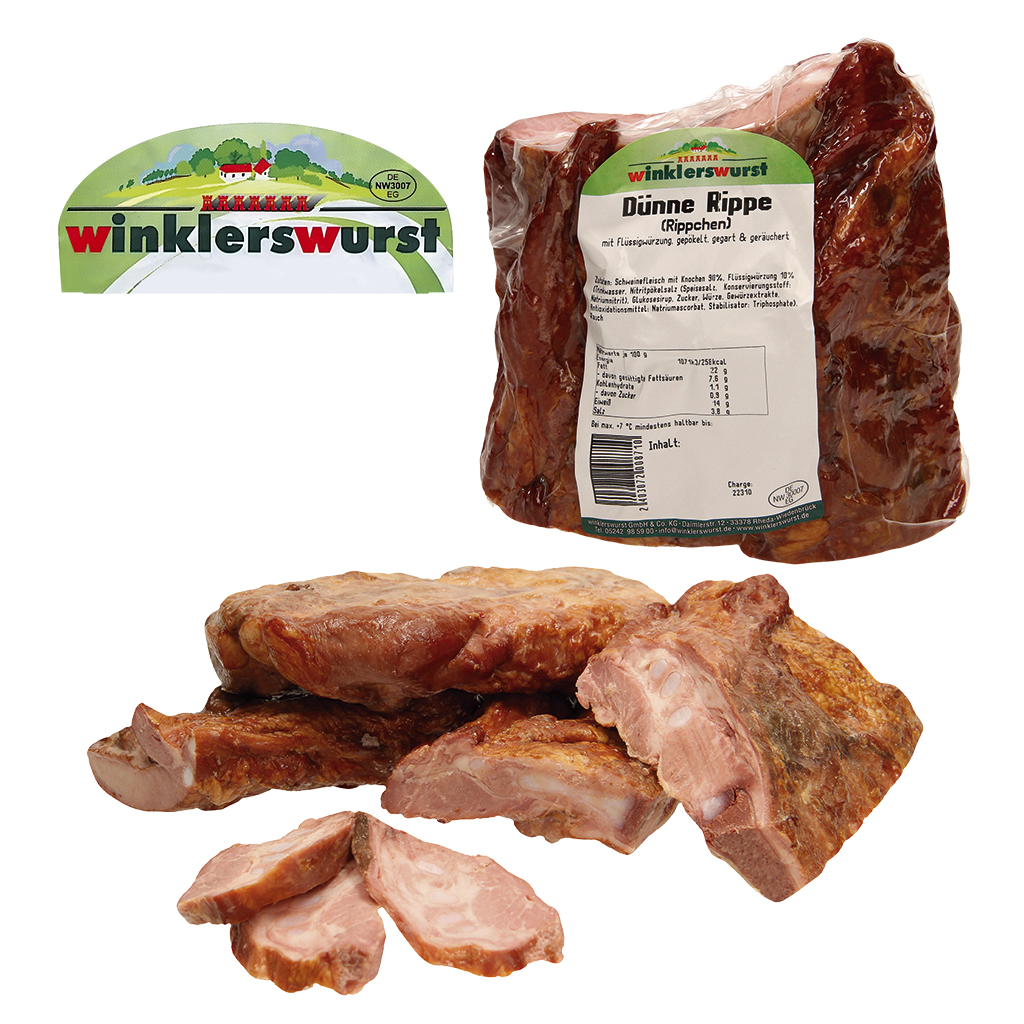 Dunne rib (ribbels) met vloeibare kruiden, gezouten, gekookt en gerookt