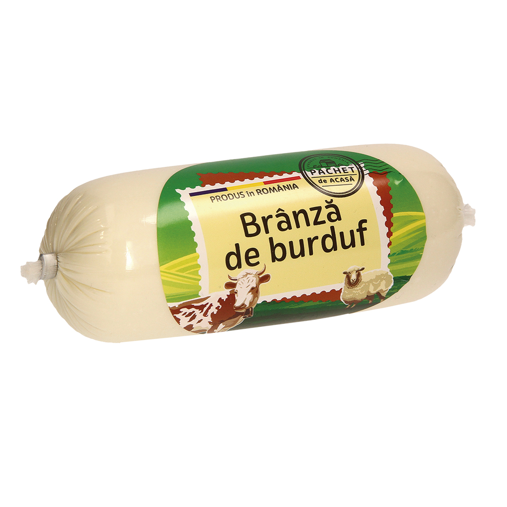 Traditionele Roemeense kaas “Branza de Burduf" van kaas gemaakt van gepasteuriseerde koemelk en kaas van gepasteuriseerde schapenmelk. Halfharde snijkaas. 47% vet i. d. m.