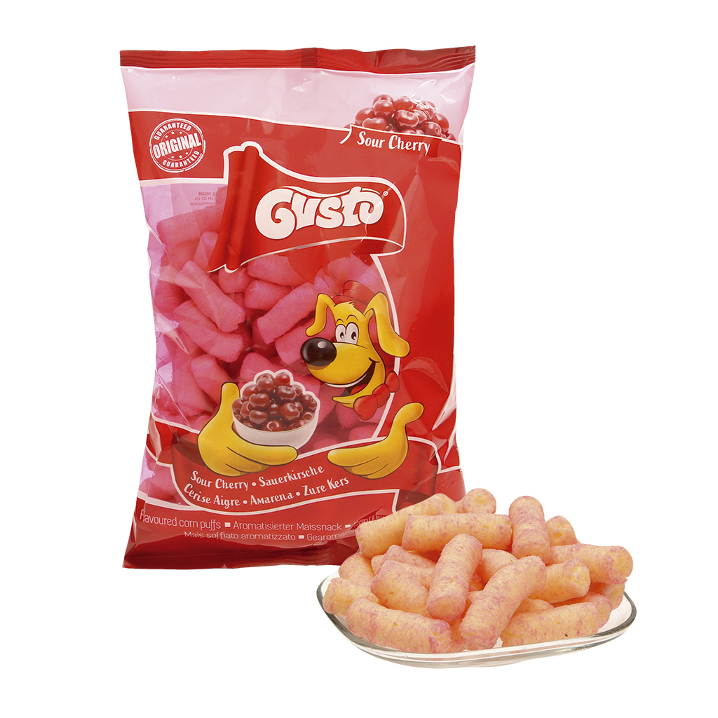 Extruderen snack "Pufuleti" van maïsgries met zure kersensmaak