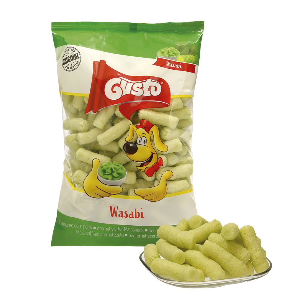 Extruderen snack "Pufuleti" van maïsgries met wasabi-smaak