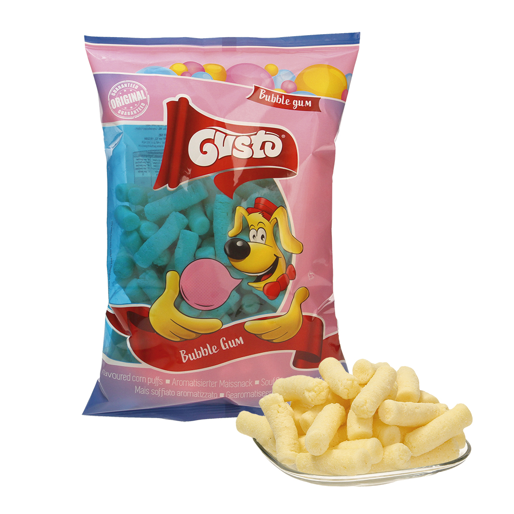 Extruderen snack "Pufuleti" van maïsgries met kauwgomsmaak