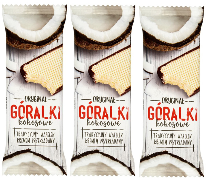 Knapperige wafel gevuld met kokos-chocoladecrème (72%) met een rand van cacaoglazuur
