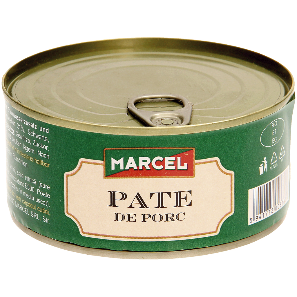 Fijngehakt gezouten product met spek en varkenslever, met toevoeging van drinkwater en melkeiwitproduct, smeerbaar "Marcel - Pâté de porc"