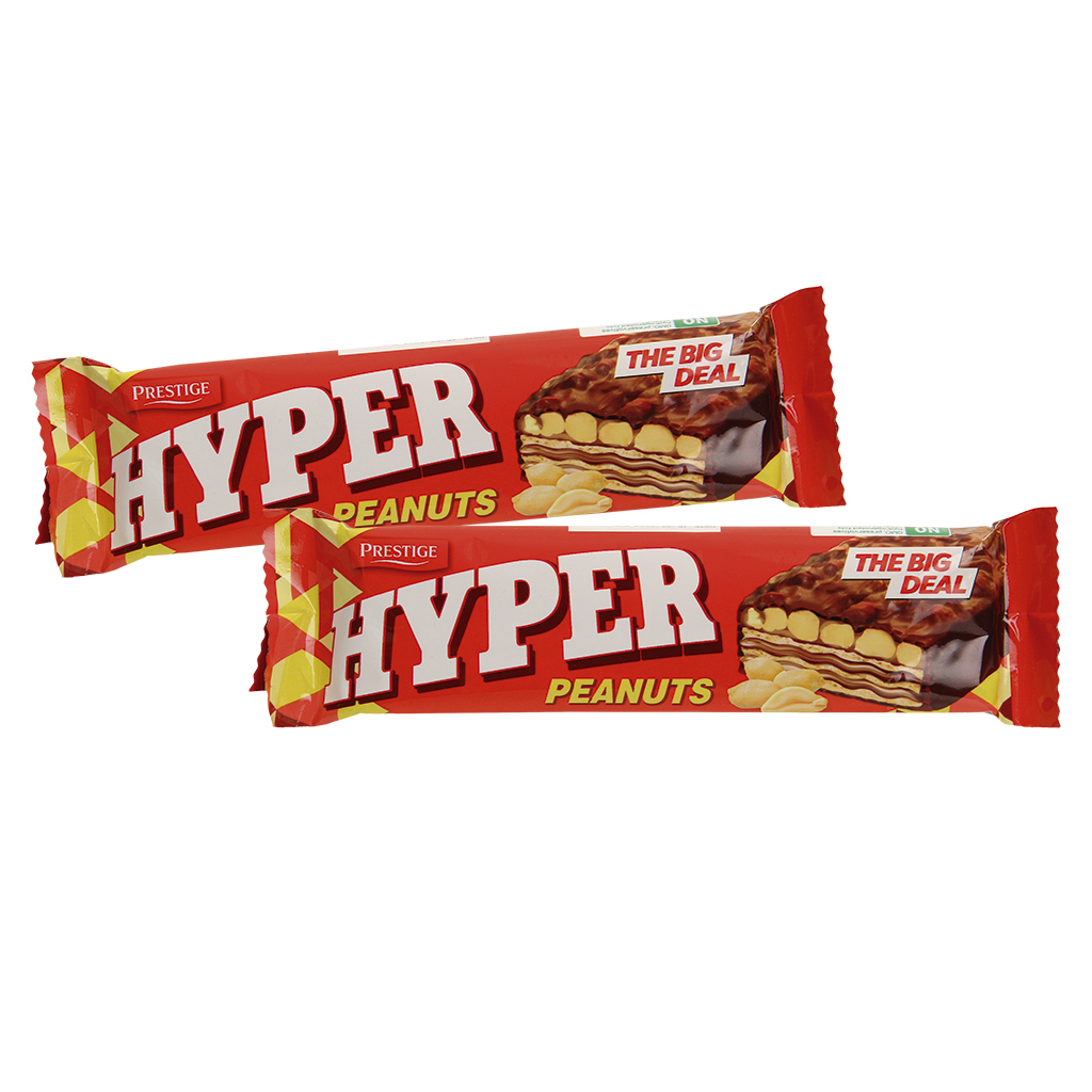Wafel "Hyper" Pinda met (43%) vulling met chocoladesmaak, bedekt met (33%) cacao-vetglazuur, met (11%) pinda's