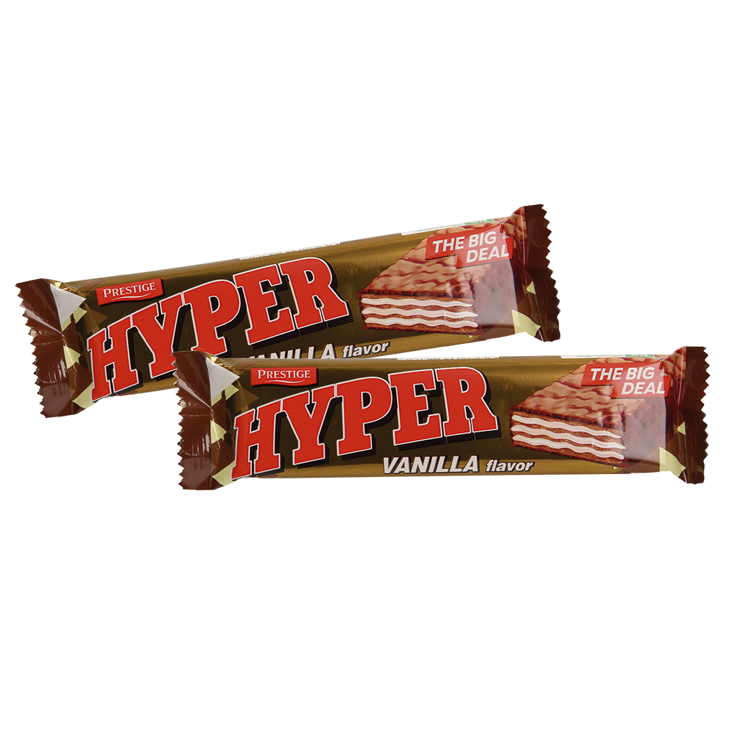 Wafel "Hyper" Vanille met (46%) vulling met melk smaak en vanille aroma, bedekt met (34%) cacao-vetglazuur.