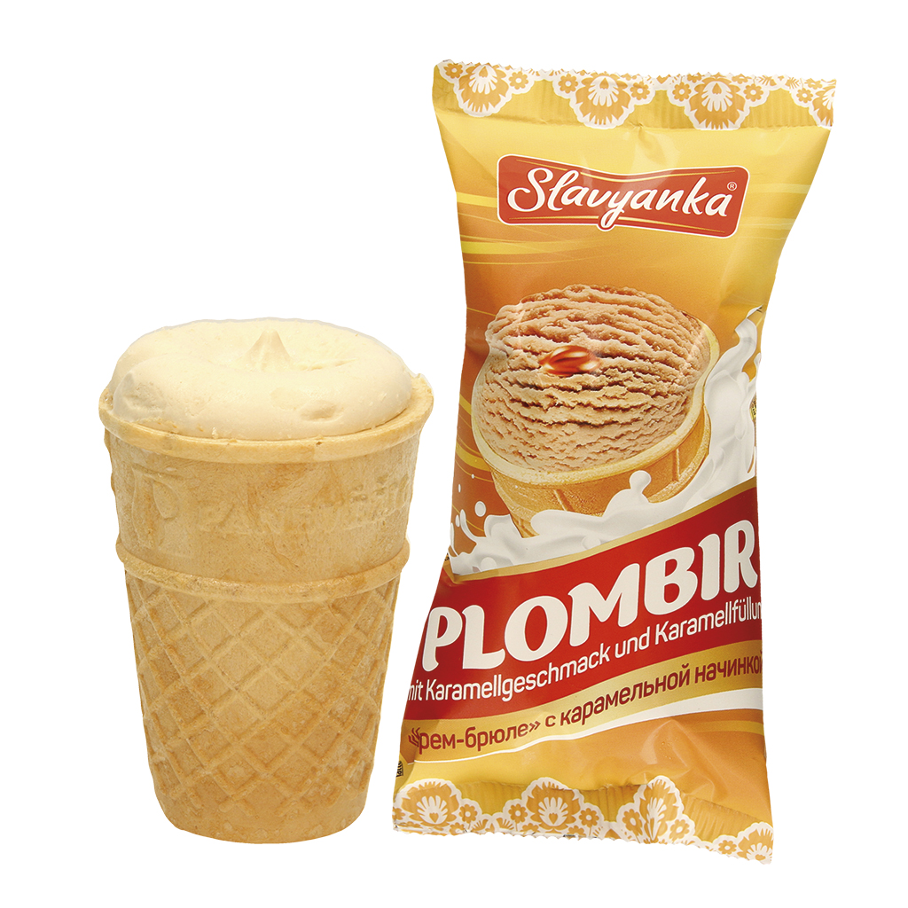 Slavyanka ijs met karamel smaak en karamelvulling in een wafelbekertje
