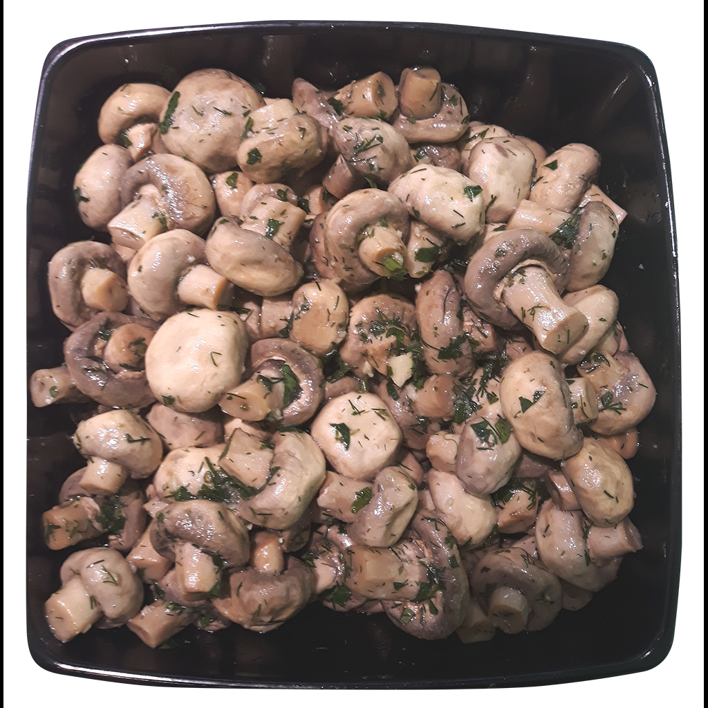 Gegrilde champignons, gemarineerd in kruiden & knoflook