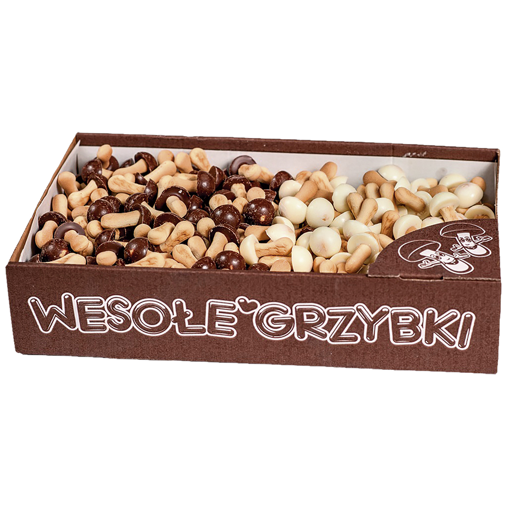 Koekjes "Gelukkige Paddenstoelen" met witte en zwarte chocoladelaag