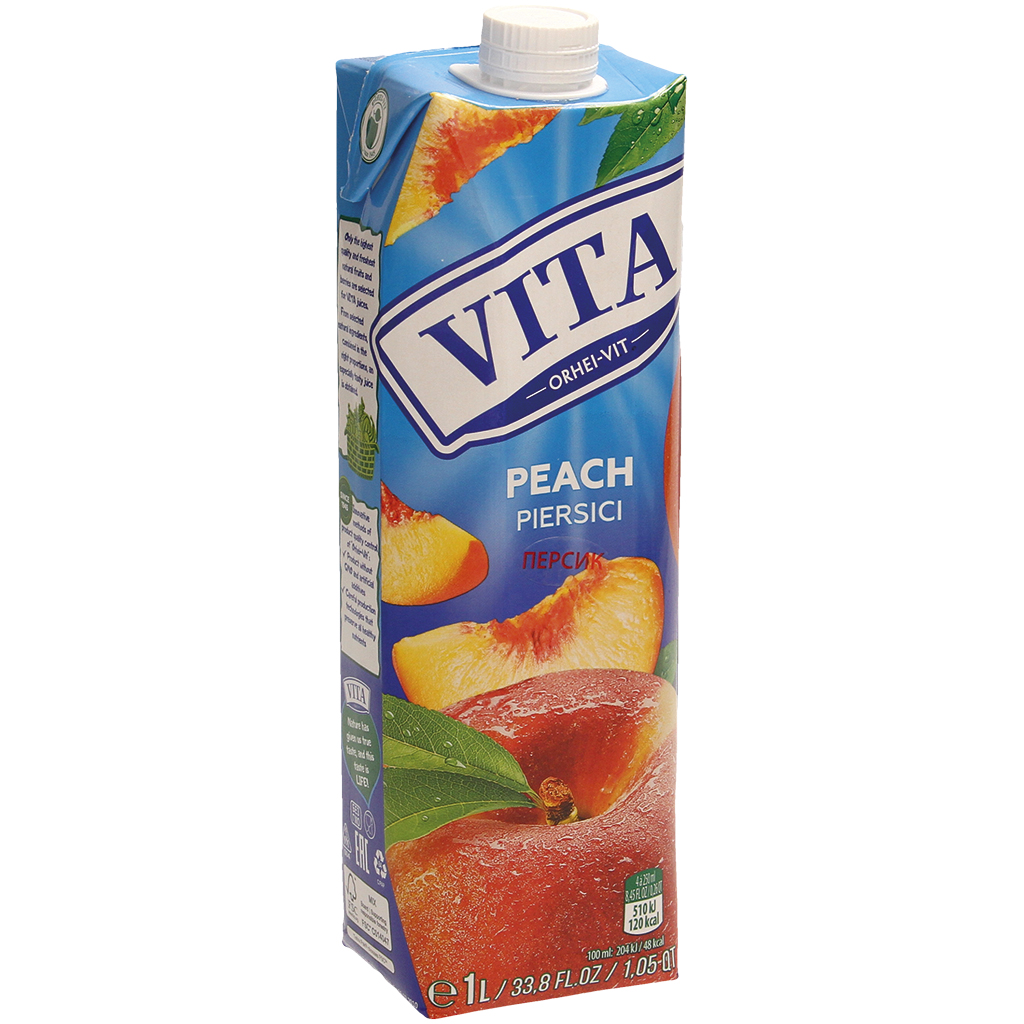 Perziknectar. Vruchtgehalte: minimaal 50%