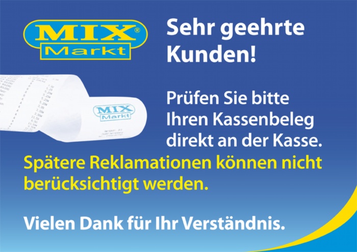 Forexplaat 3mm in digitale druk DIN A4 "Kassabon" voor Mix Markt. Levertijd: 2 weken