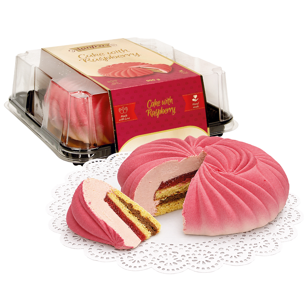 Taart met Framboos" Laagjescake met 55% slagroom met witte chocolade en frambozen, 22% gearomatiseerde frambozenfruitvulling en 11% knapperige vulling met melkchocolade met hazelnoten en verkruimelde wafels, bedekt met 1% roze glazuur, diep