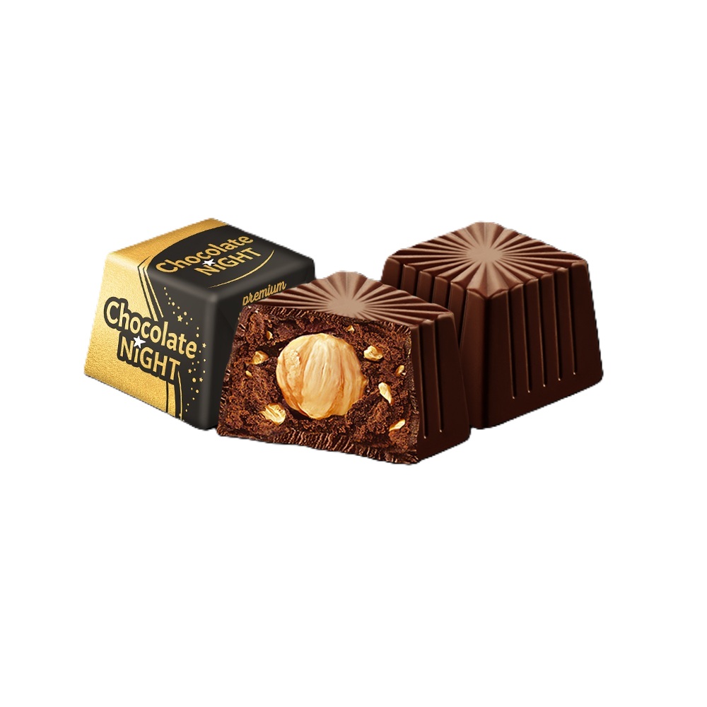 AVK "Chocolade nacht" Pralines met chocoladevulling (42,9%) en hele hazelnoot. Chocolade bevat minimaal 60% cacao.