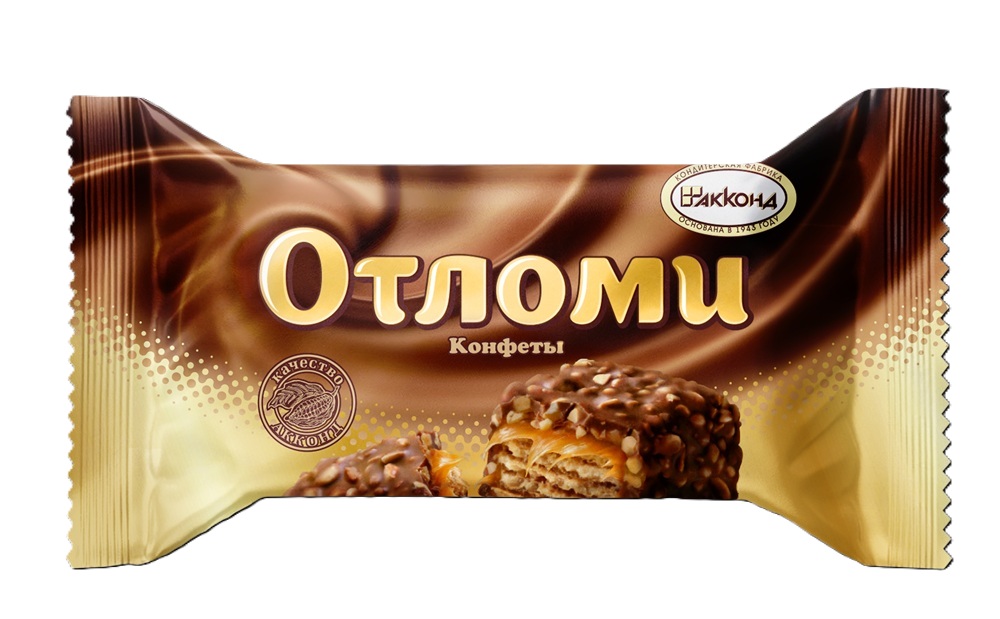 AKKOND "Otlomi" вафельный батончик с кремом и мягкой карамелью (30%), в какаосодержащей жировой глазури (22%), посыпанный арахисом и воздушным рисом.