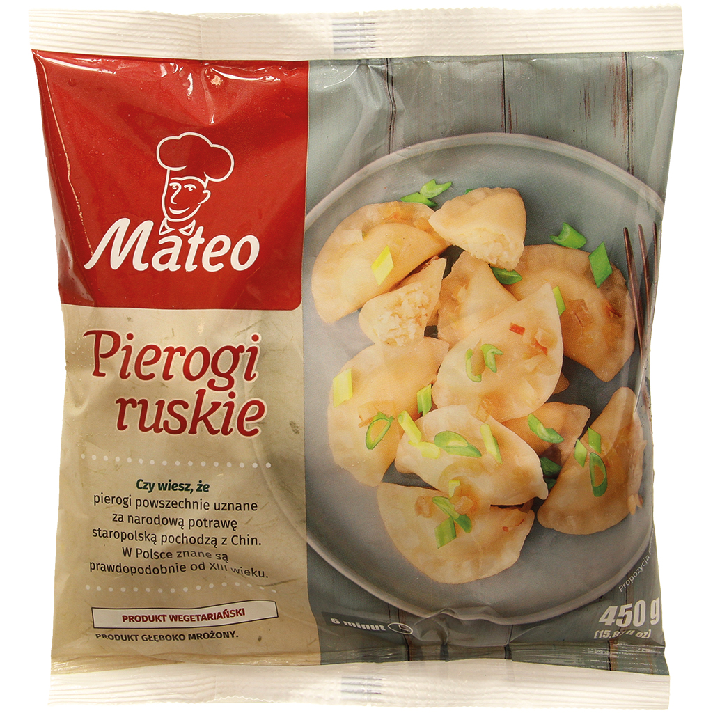 Deegwaren met 40% vulling van aardappelpuree en roomkaas, op Russische wijze, diepgevroren "Pierogi ruskie"