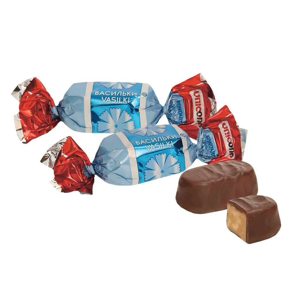 Fondantconfiserie "Vasilki" met rum-vanille smaak, omhuld met chocolade