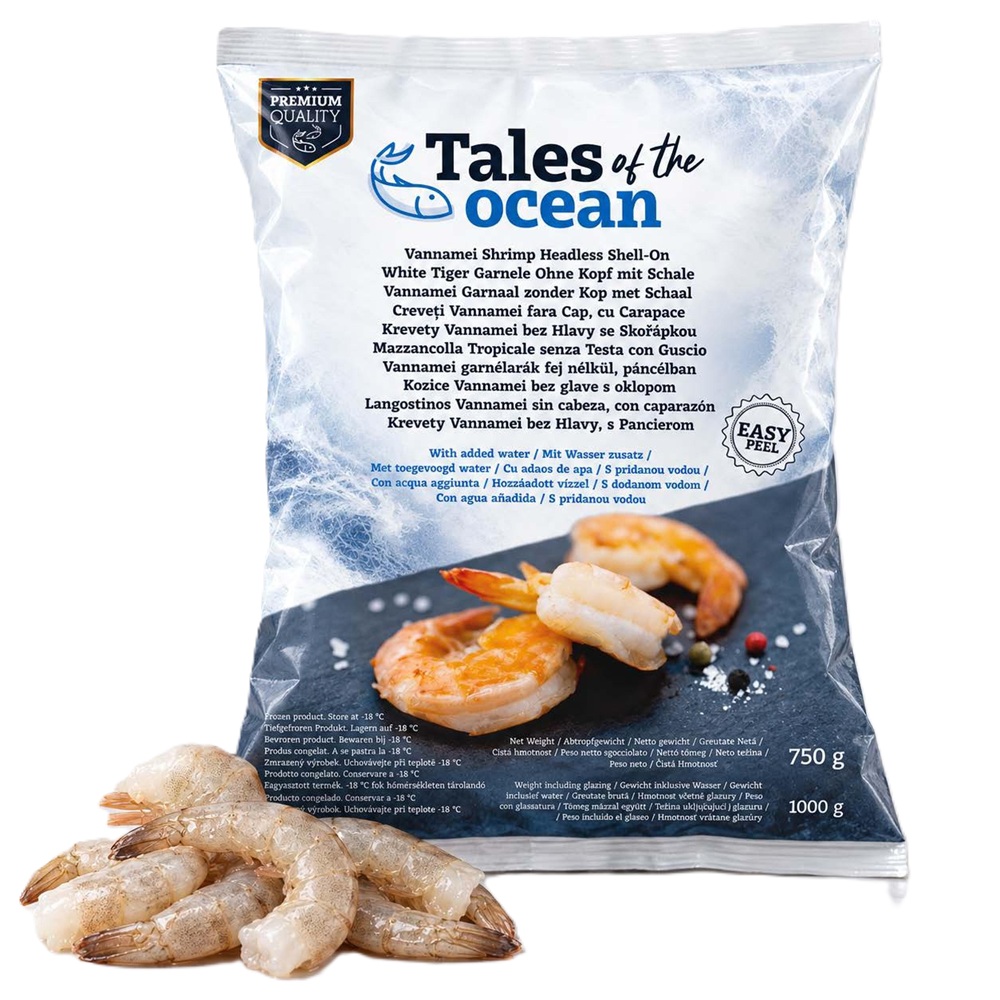TALES OF THE OCEAN Witte Tiger Garnalen 26-30, zonder kop, met schil, met water toegevoegd, diepgevroren