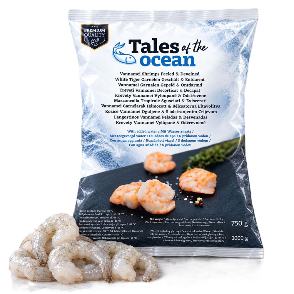 TALES OF THE OCEAN Witte Tiger Garnalen 21-25, gepeld en ontdarmd, met water toegevoegd, diepgevroren