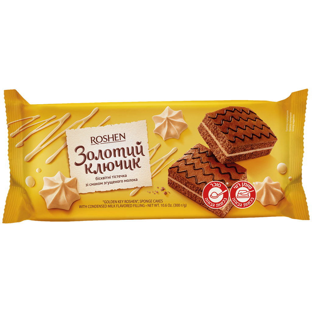 ROSHEN "GOLDEN KEY ROSHEN" бисквитное пирожное с 31 % кремовой начинки со вкусом сгущённого молока. СОДЕРЖИТ АЛКОГОЛЬ